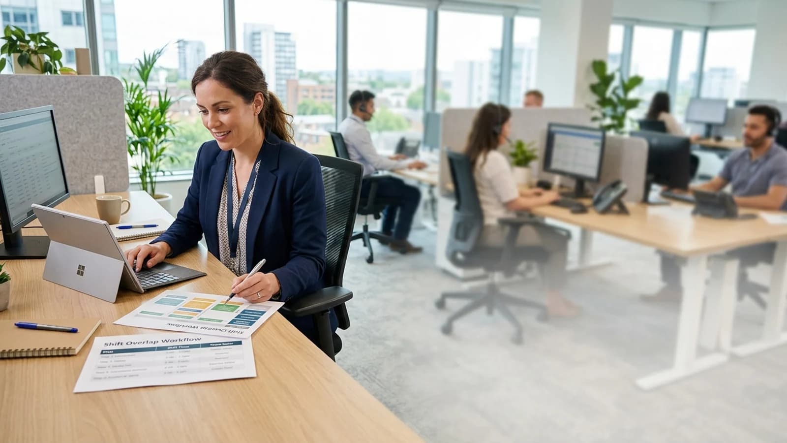 Customer care professional reviewing a support operations workflow in a bright office