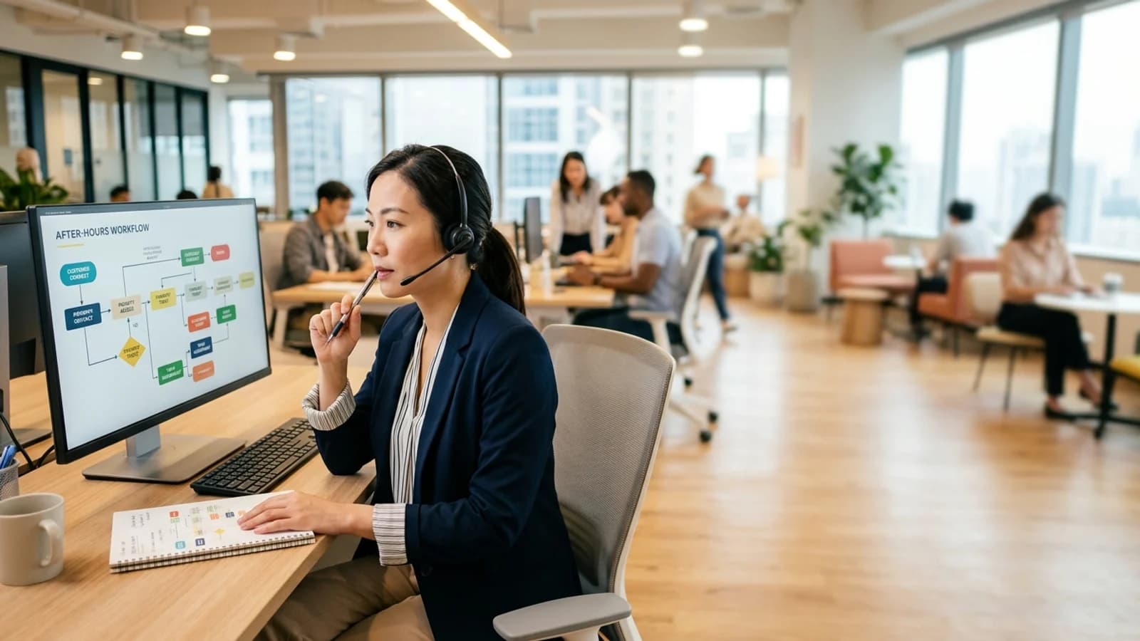 Customer care professional reviewing a support operations workflow in a bright office