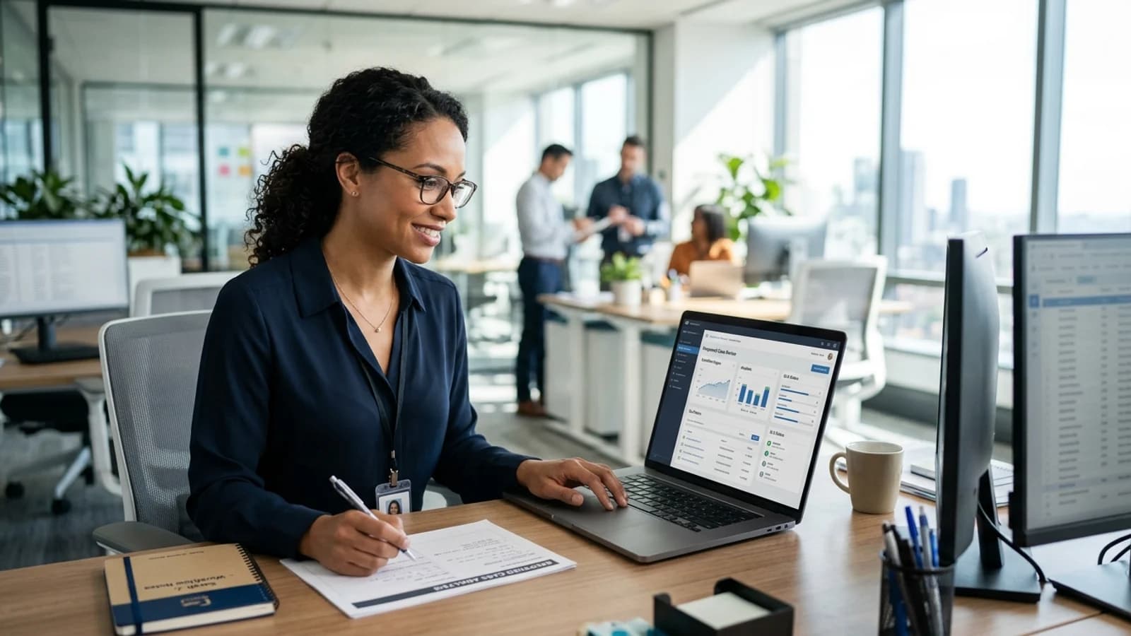 Customer care professional reviewing a support operations workflow in a bright office