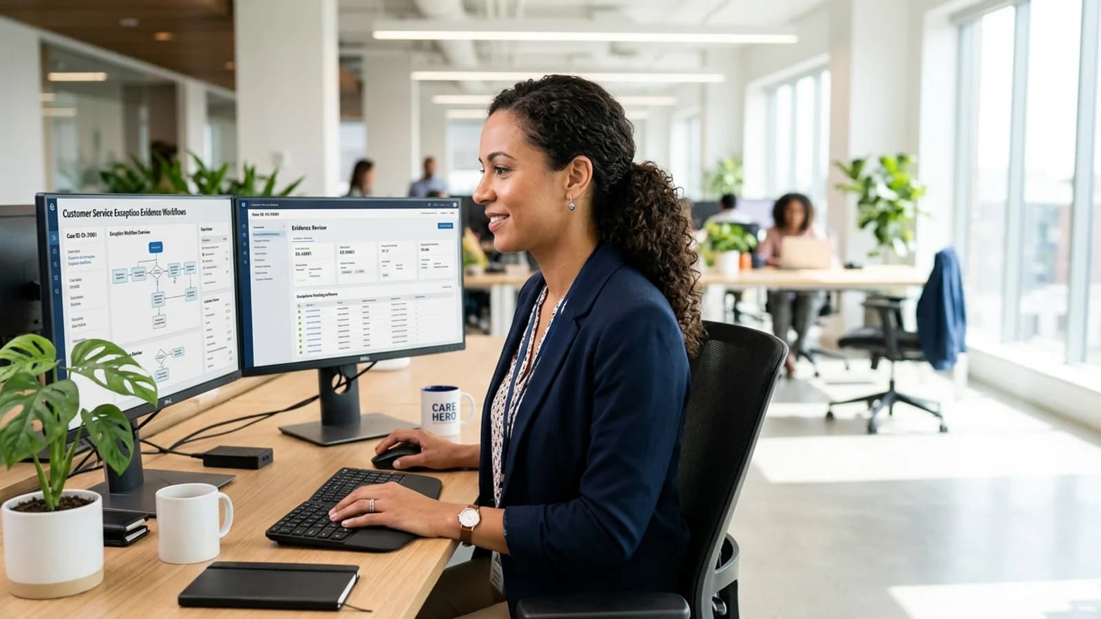 Customer care professional reviewing a support operations workflow in a bright office