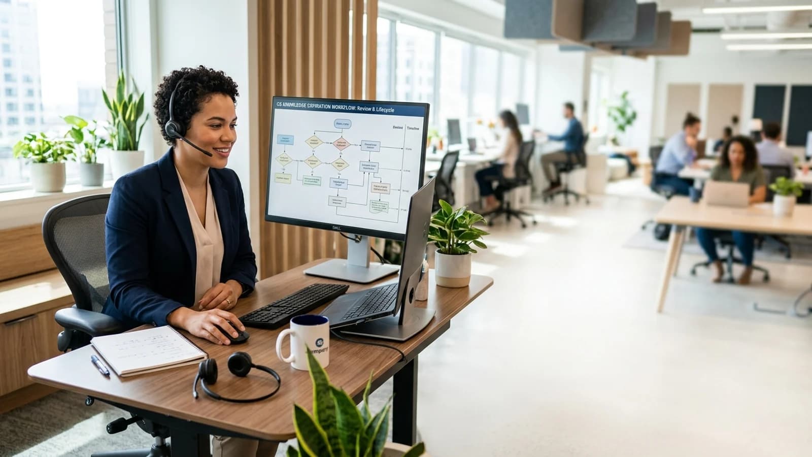 Customer care professional reviewing a support operations workflow in a bright office