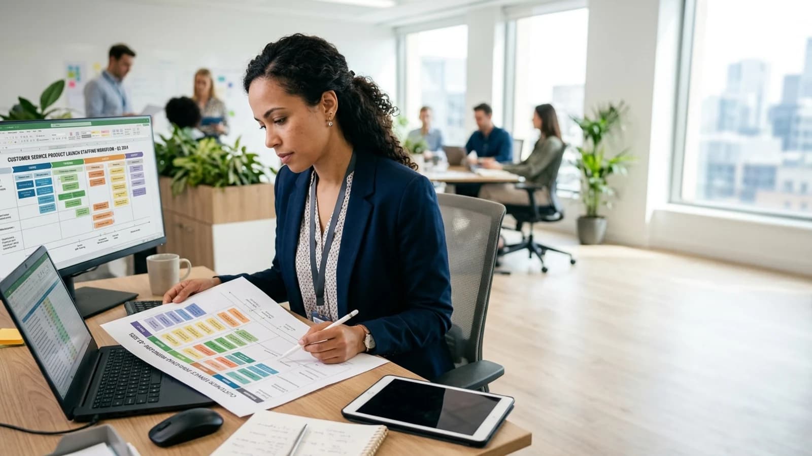 Customer care professional reviewing a support operations workflow in a bright office