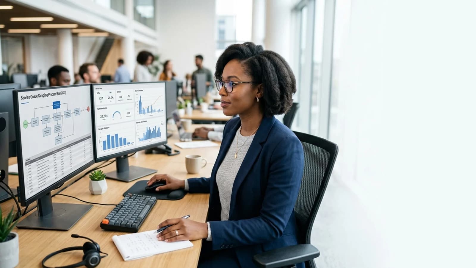 Customer care professional reviewing a support operations workflow in a bright office