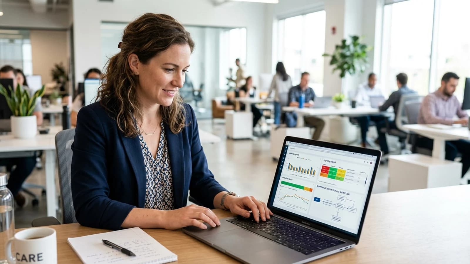 Customer care professional reviewing a support operations workflow in a bright office